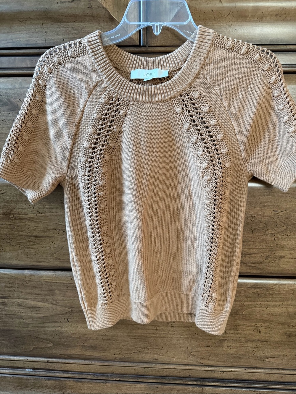 LOFT Short-Sleeve Crewneck Knit Sweater in Camel